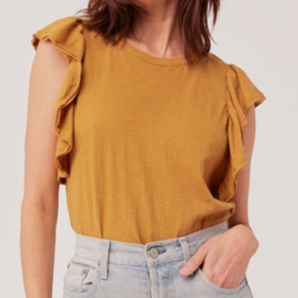 Pact 100% Organic Cotton Chai Luna Ruffle Sleeve Tee Mustard Yellow Boho Size M - Picture 1 of 8